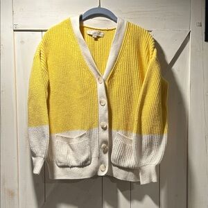 LOFT Two-Tone Yellow and Cream White Colorblock 100% Cotton Knit Cardigan
